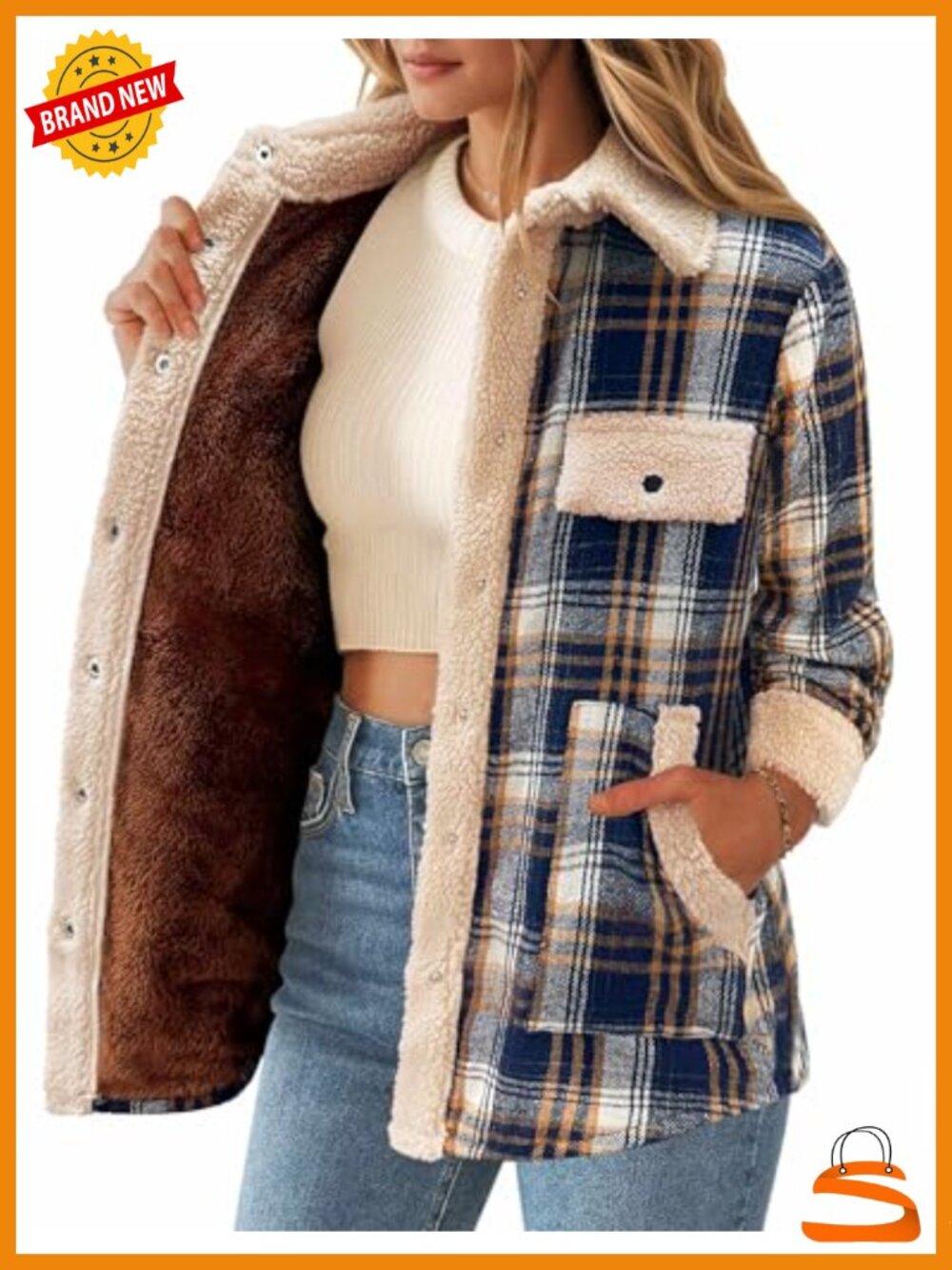 Fleece Lined Plaid Shacket Snap Button Sherpa Jacket Loose Fit Women
